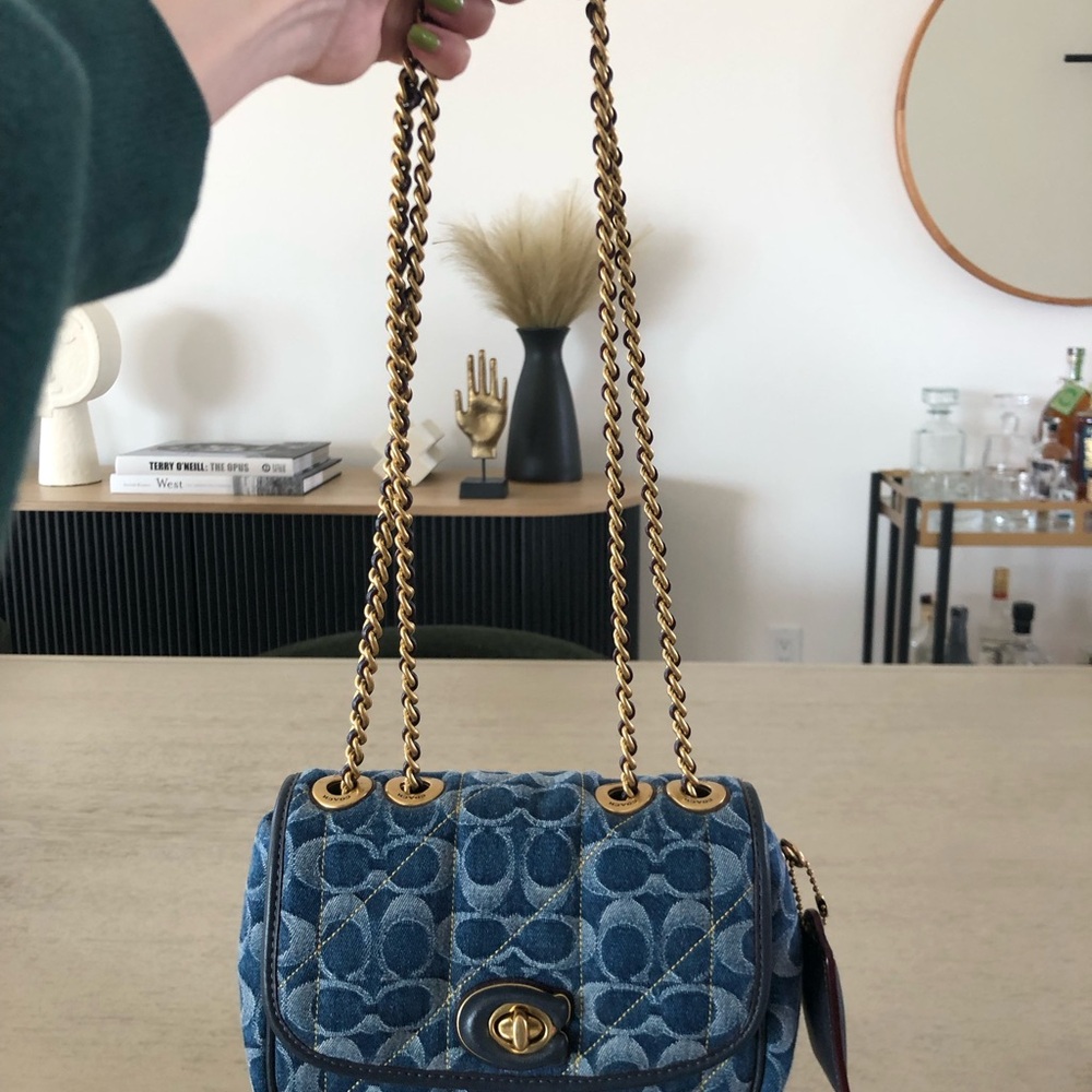 Coach Quilted Signature Denim Shoulder Bag with Chain Strap - Picture 7 of 7